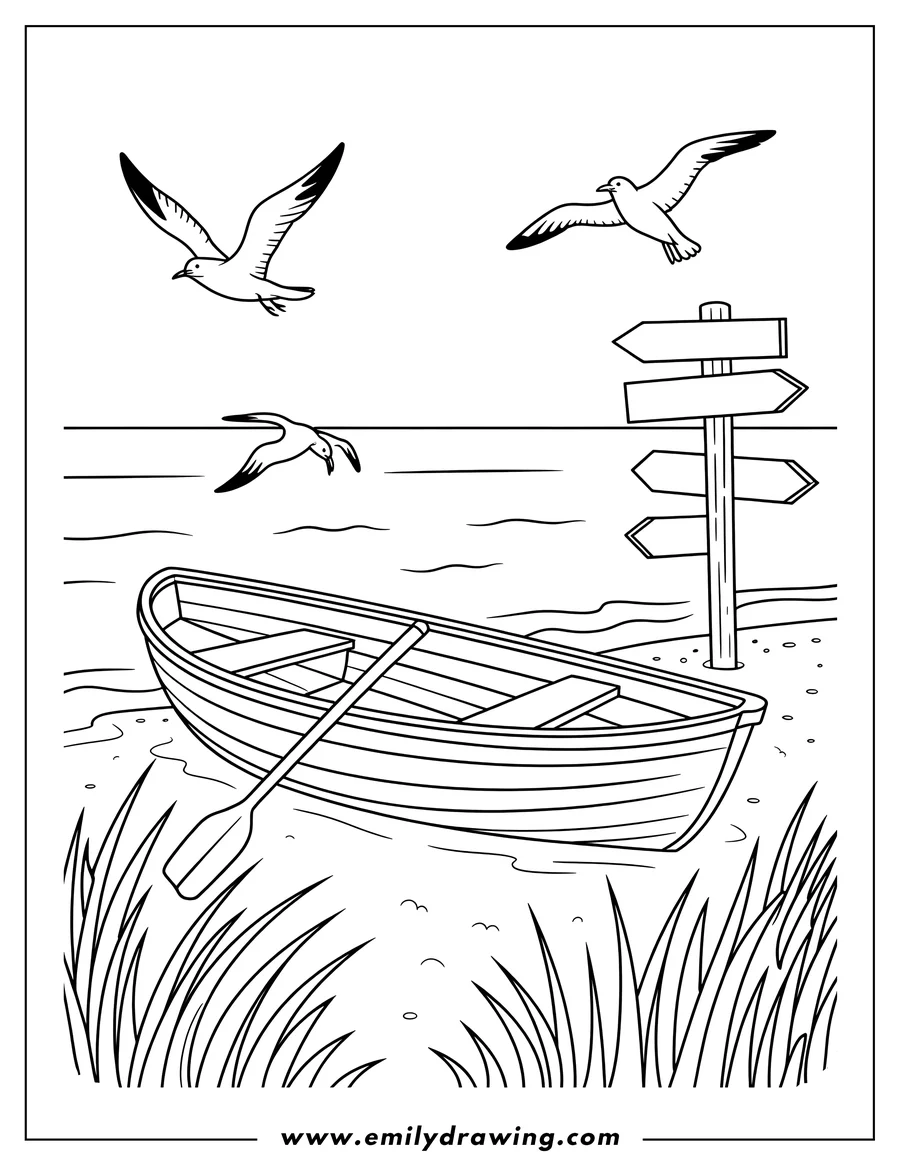 Outline of a small wooden rowboat near a signpost with three directional arrows, with seagulls flying overhead.  