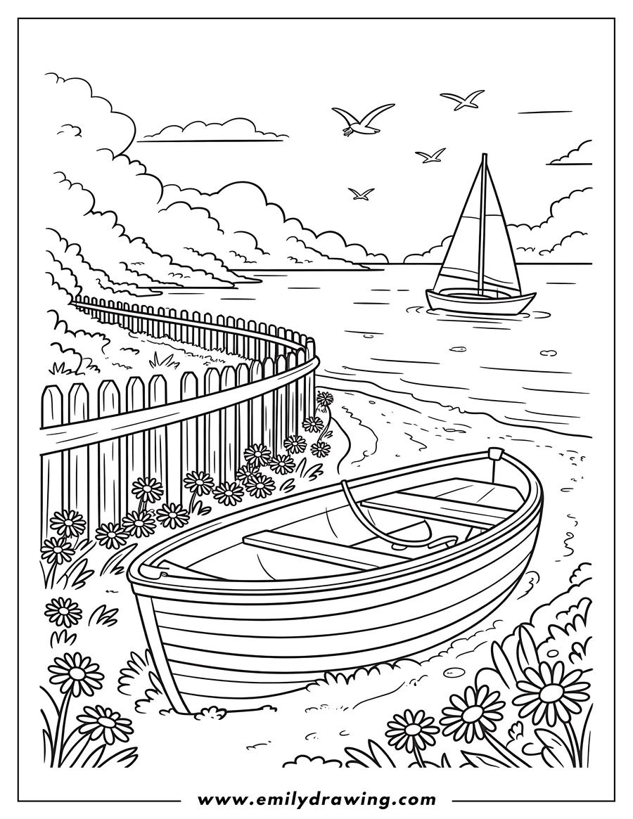Outline of a small boat resting on a sandy beach, with a wooden fence, flowers, and a sailboat in the background.