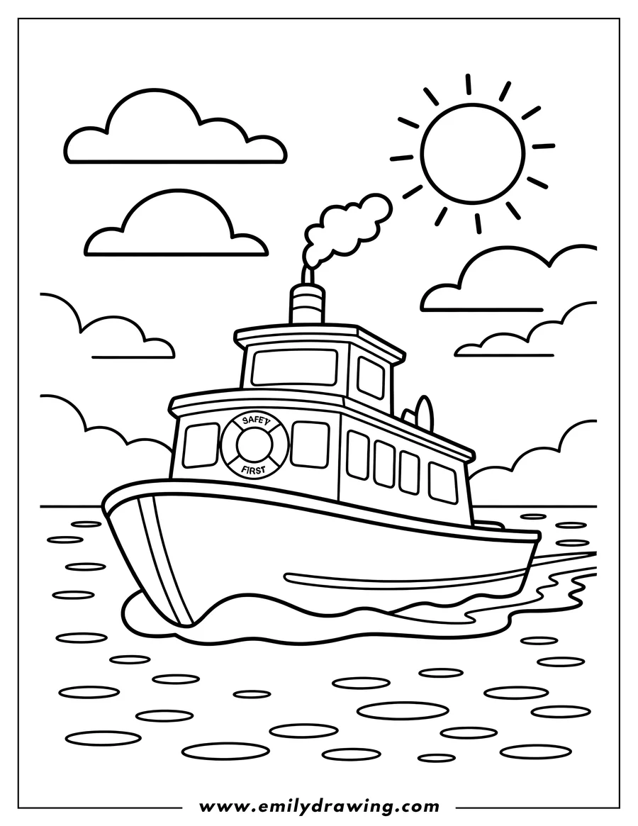 Line art of a boat on the water with clouds and sun in the sky.