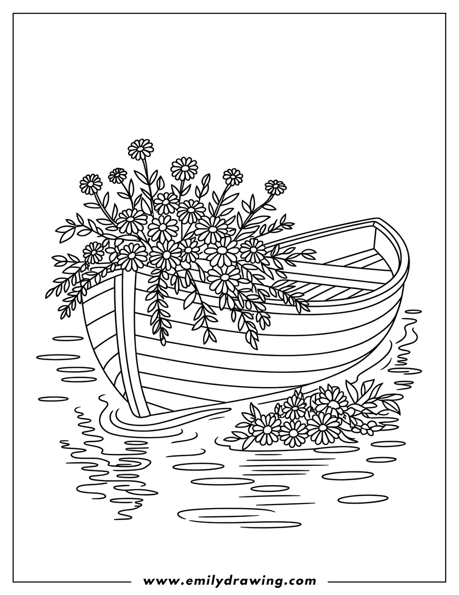 Outline of a small wooden boat filled with daisies and floating on water.  More daisies float near the boat.
