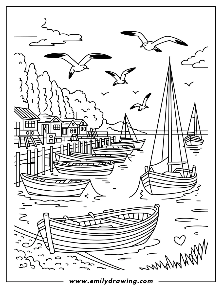 Outline of several boats at a marina. Buildings and trees are visible in the background, along with several seagulls flying overhead.