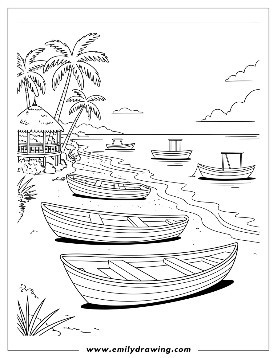 Line art of boats on a sandy beach next to the ocean, with palm trees and a thatched-roof hut in the background.