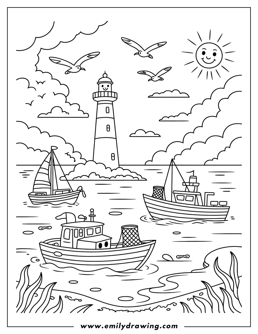 Line art of three boats near a lighthouse with seagulls flying overhead.  The sun shines brightly and seaweed grows below.