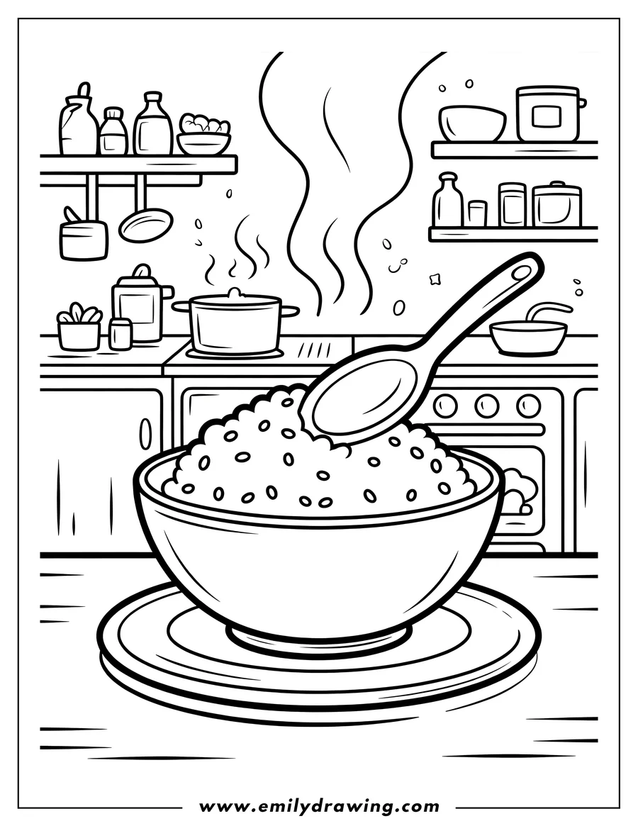 Outline of a giant bowl overflowing with rice or grain, featuring a spoon stuck into the mound, set against a background of a detailed kitchen counter, stove, and shelves filled with bottles and cooking pots.