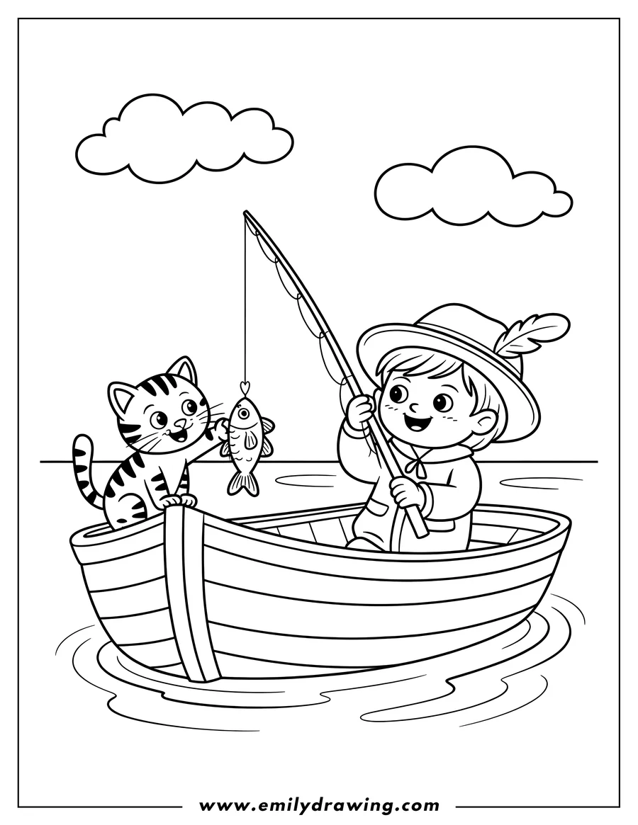 Outline of a boy and a cat fishing from a small boat. The boy holds a fishing rod with a fish caught on the line, and the cat looks excitedly at the fish.