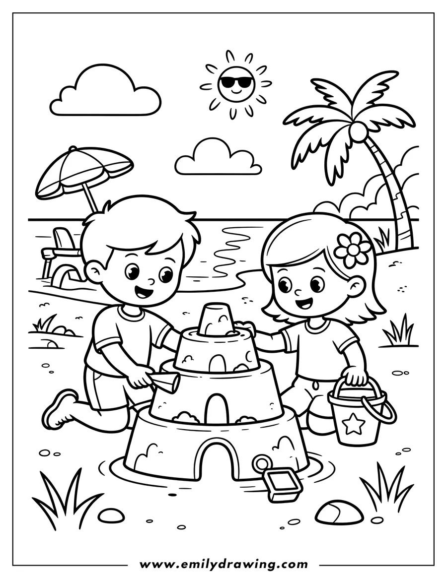 Line art of a boy and girl building a large sandcastle on a sunny beach, with a palm tree, sun with sunglasses, and beach umbrella in the background.