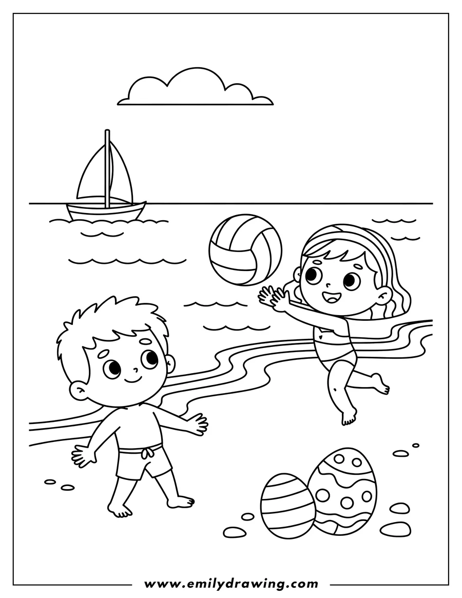 Outline of a boy and girl playing volleyball on a sandy beach. A sailboat is on the water in the background, and decorative eggs are on the sand.
