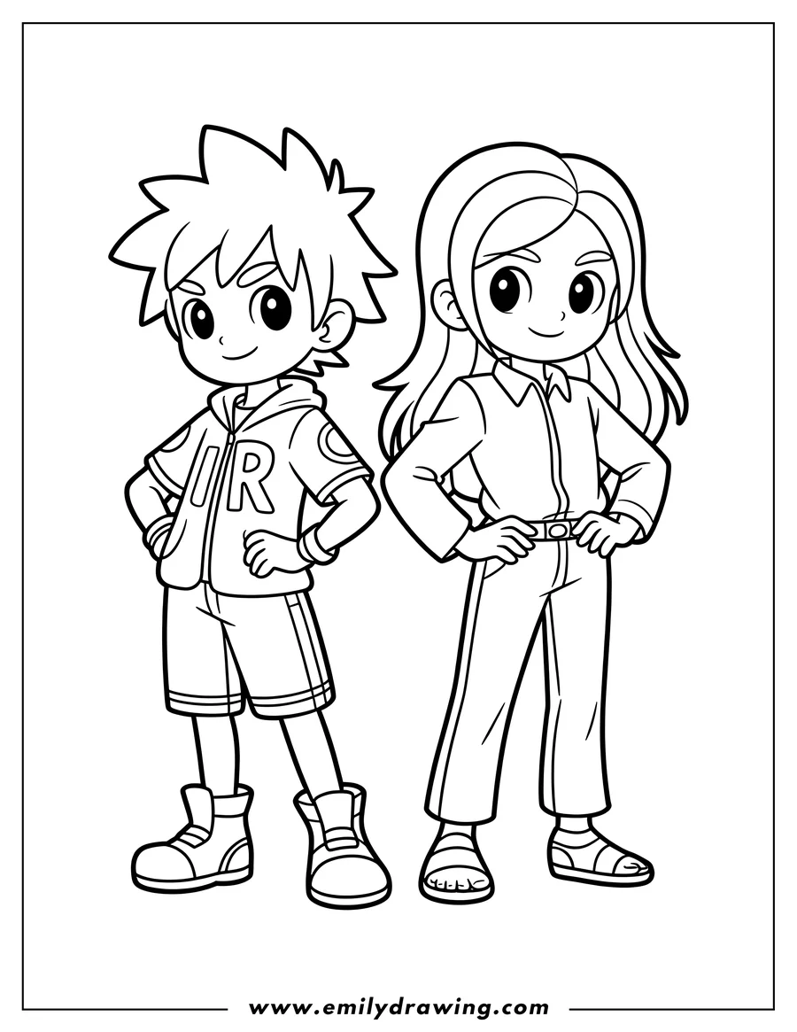 Line art of a boy and a girl standing side-by-side with their hands on their hips. The boy wears a jacket with 'R' on it and shorts, the girl wears a long-sleeved shirt and pants.