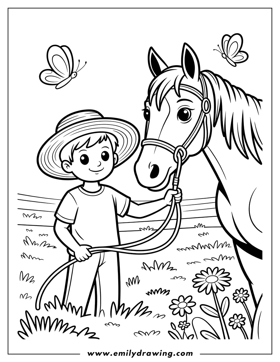 Line art showing a smiling boy wearing a straw hat and holding the reins of a large horse, standing together in a grassy field near daisy flowers and butterflies.