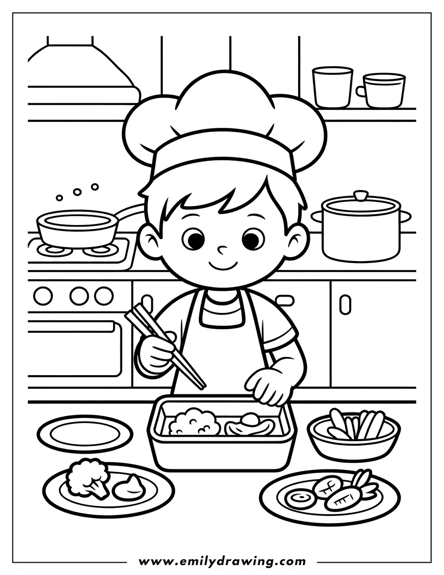 Line art of a young boy chef wearing a toque and apron, preparing food with chopsticks in a detailed kitchen setting with a stove, pots, and various plates of food.
