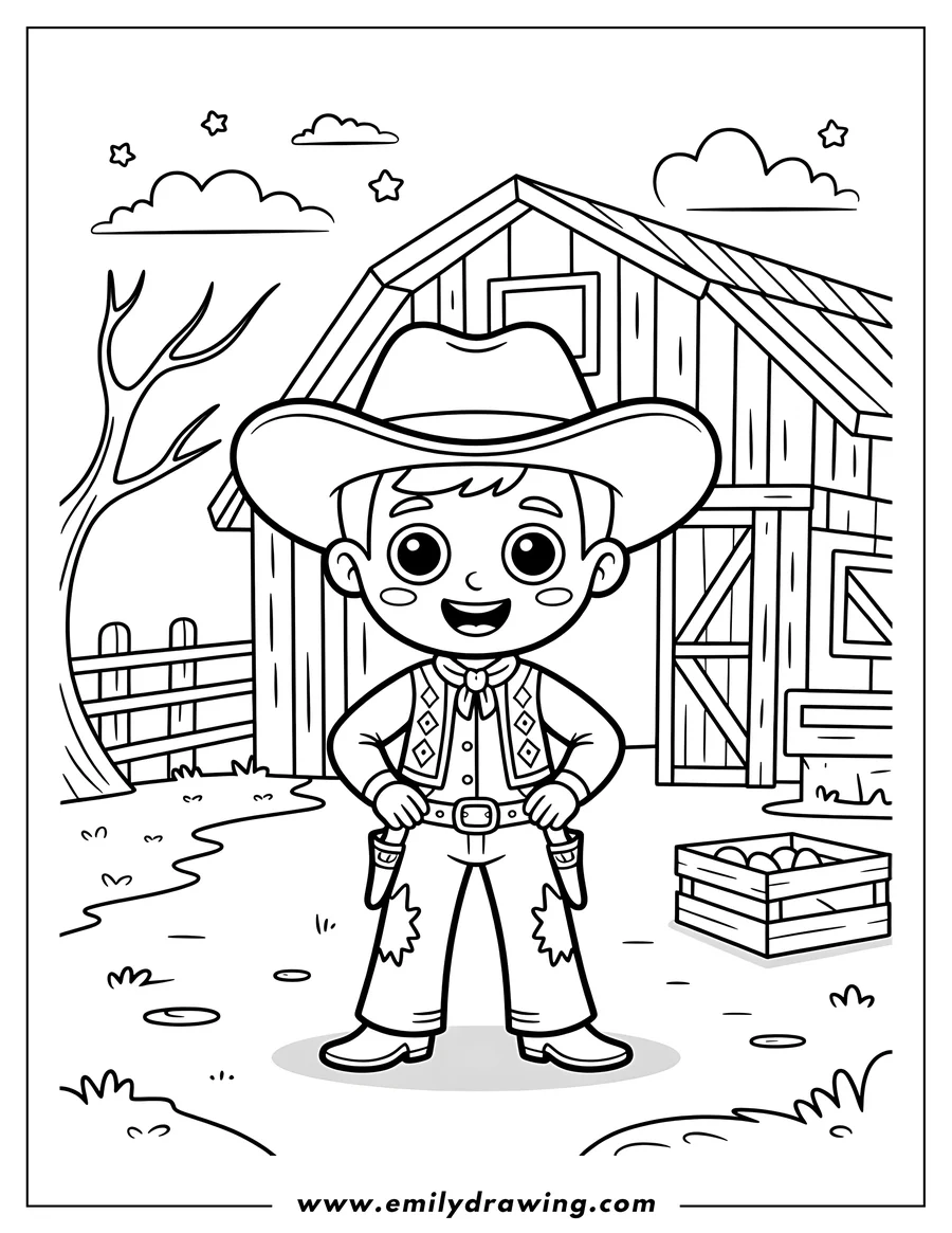 Line art of a cartoon boy dressed as a cowboy, standing in front of a barn with a wooden fence and a tree.