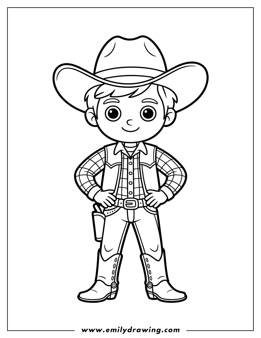 Outline of a cartoon boy dressed as a cowboy, wearing a large hat, plaid shirt, vest, jeans, and cowboy boots, with his hands on his hips.