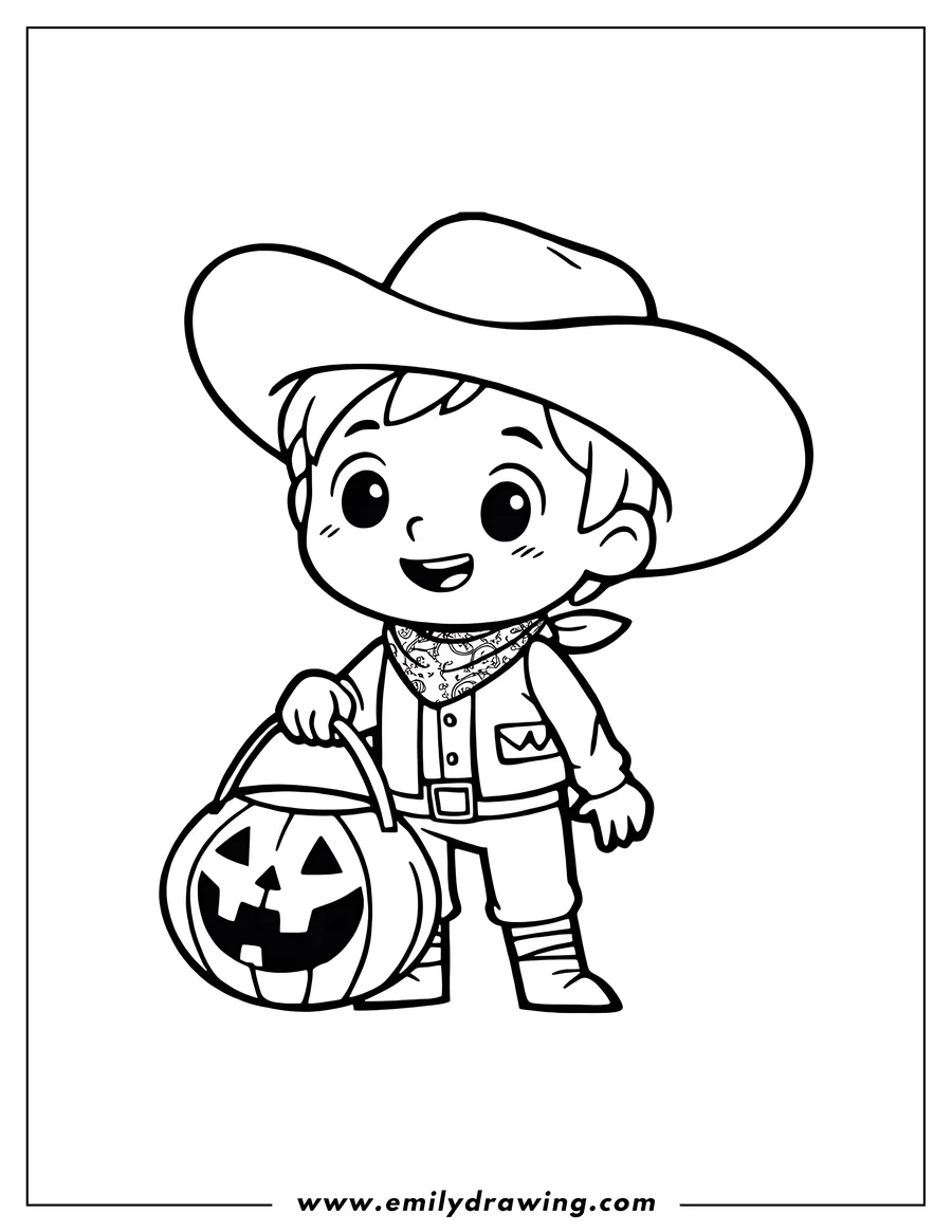Line art of a cartoon boy dressed in a cowboy outfit, wearing a wide-brimmed hat, vest, and bandana, holding a smiling jack-o'-lantern bucket.