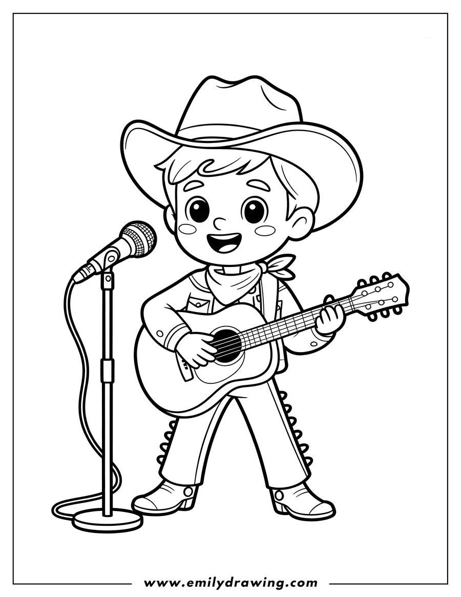 Line art of a cartoon boy dressed as a cowboy, wearing a hat and bandana, playing an acoustic guitar and singing into a microphone on a stand.
