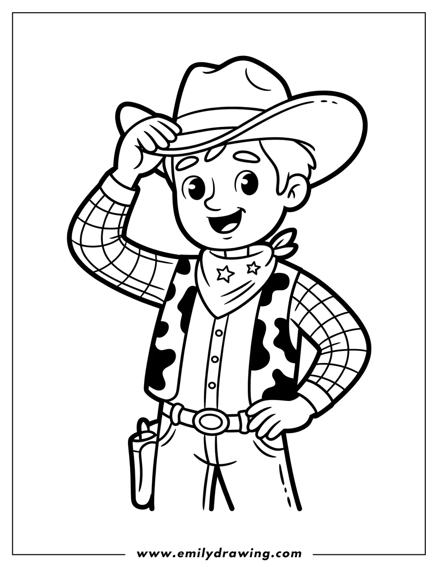 Line art of a happy boy cowboy tipping his hat, wearing a bandana with stars, a plaid shirt, and a cow-print vest with a holster.