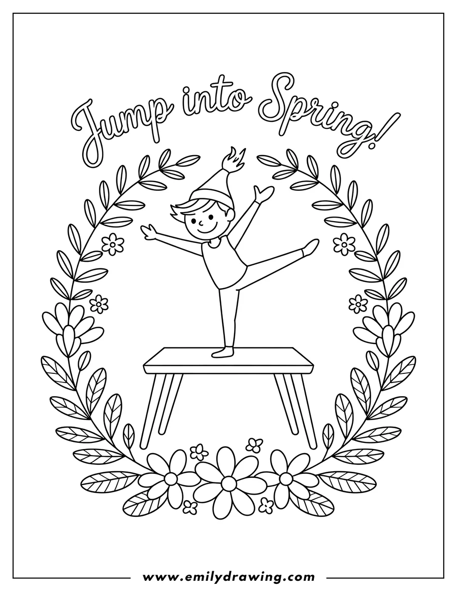 Line art of a boy doing gymnastics, balancing on one foot on a beam, with a floral border around him.