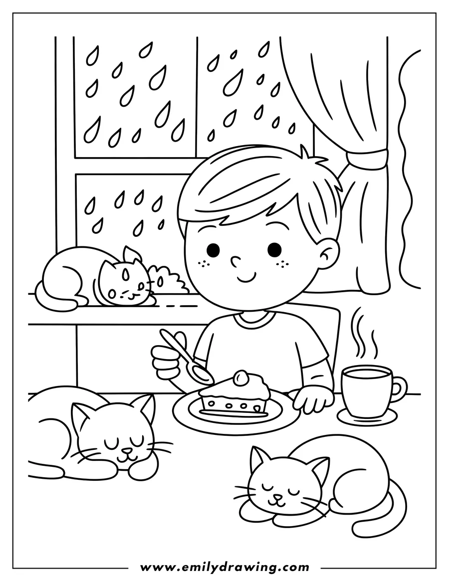 Line art of a young boy sitting at a table eating a slice of pie and drinking a warm beverage. Three cats are resting nearby, with visible raindrops falling outside the window.