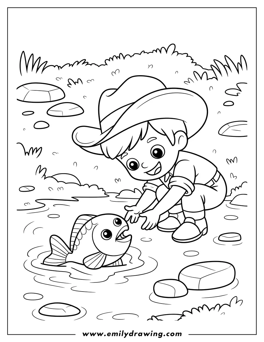 Line art of a young boy in a cowboy hat crouching down, reaching towards a fish splashing in a shallow puddle, surrounded by rocks and grass.