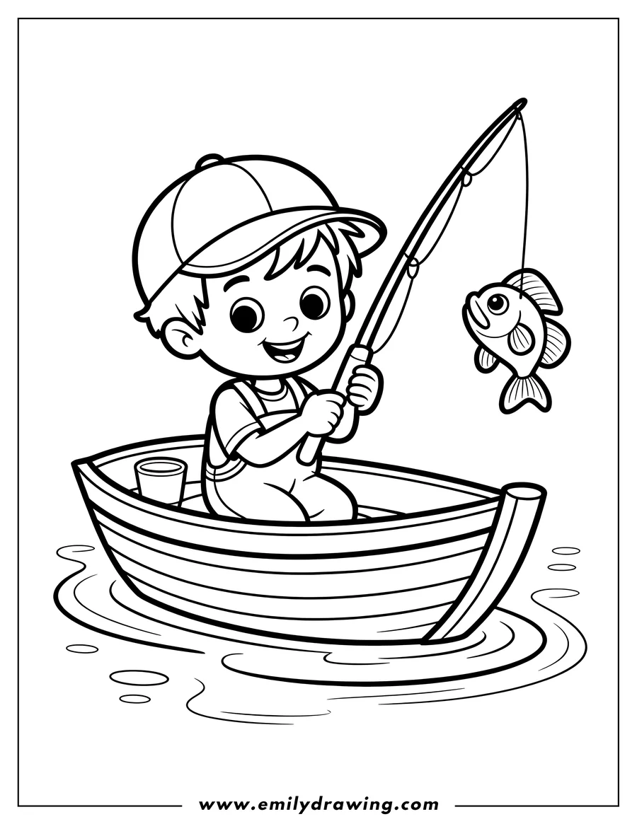 Outline of a boy fishing from a small boat. He's holding a fishing rod with a fish on the line.
