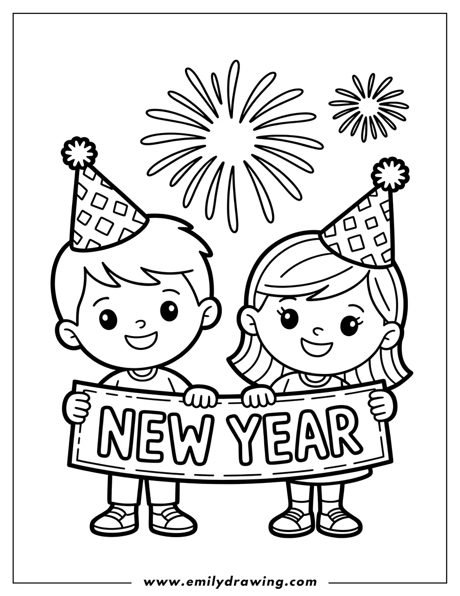 Outline of a smiling boy and girl in party hats holding a banner that reads 'NEW YEAR', with fireworks in the background.