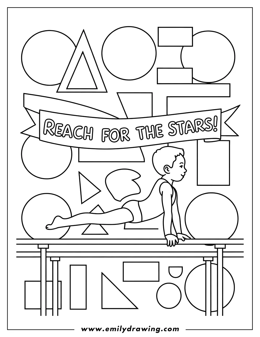 Line art of a boy gymnast performing on parallel bars. He is in a horizontal position, supported by his hands, with a banner above reading 'Reach for the Stars!' surrounded by various geometric shapes.