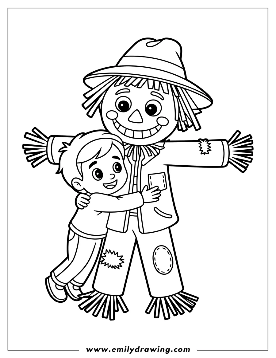 Line art of a young boy happily hugging a smiling scarecrow with a patched coat and straw hat.