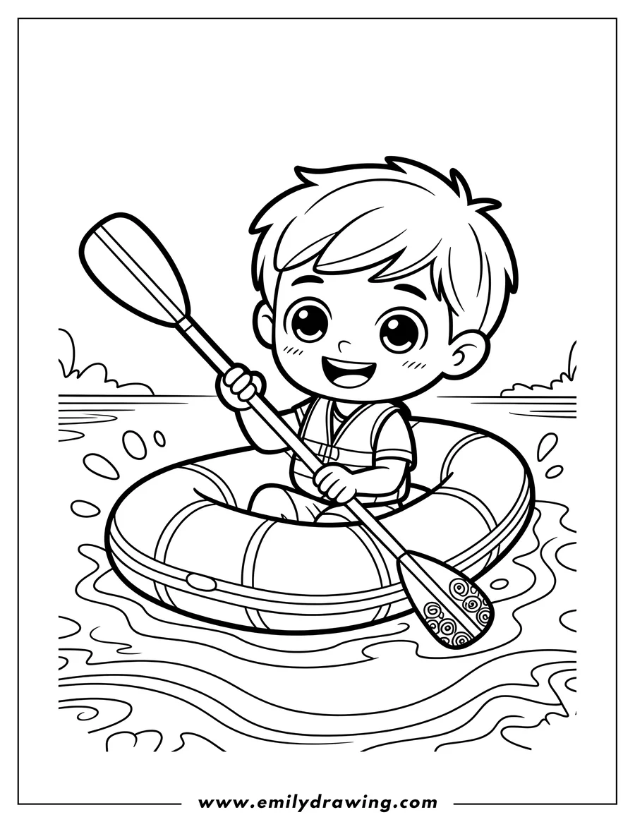 Line art of a smiling boy paddling an inflatable boat on the water.