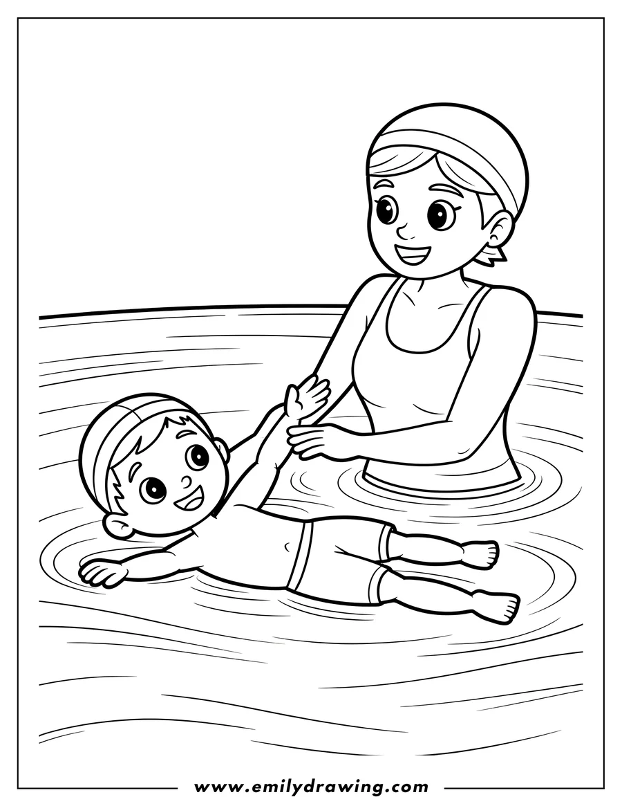 Outline of a boy in a swim cap and shorts learning to swim, being supported by a woman in a swimsuit and swim cap, both in a body of water with ripples.