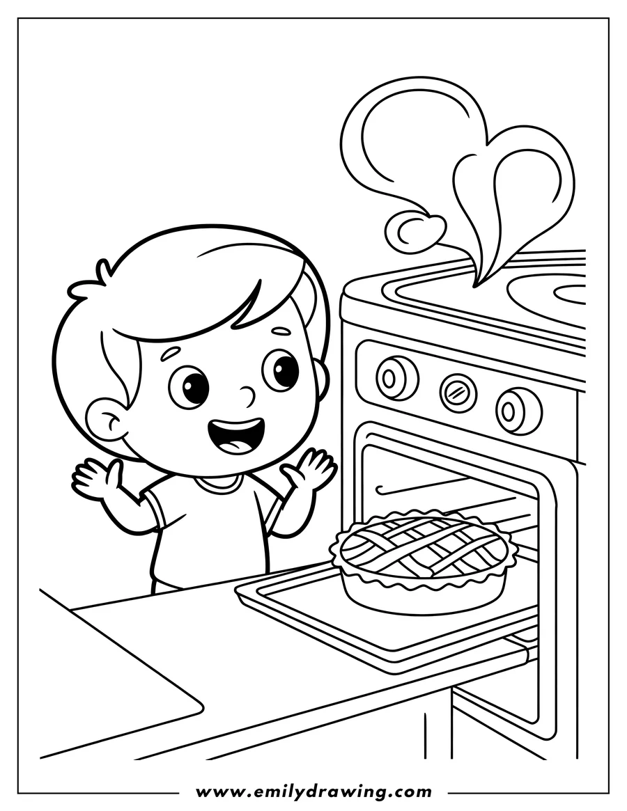 Line art of a happy young boy looking excitedly at a lattice-crust pie resting on a tray partially pulled out of a kitchen oven.