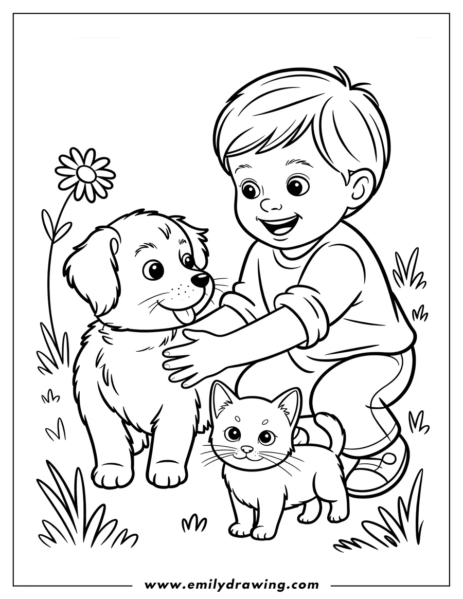 Line art of a boy petting a puppy with a kitten nearby