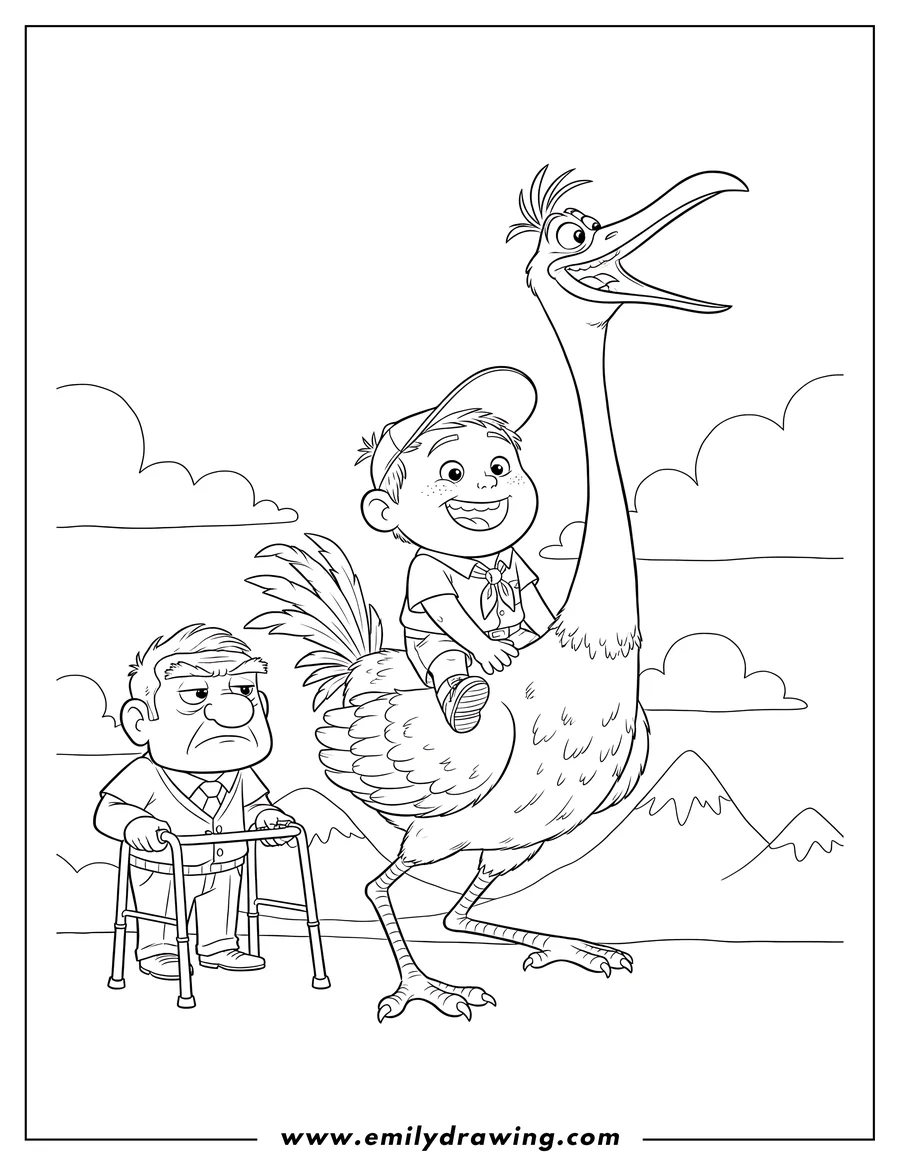 Line art showing a happy boy riding on the back of a tall, smiling bird, with Carl Fredricksen from Up walking beside them with his walker, against a background of mountains and clouds.