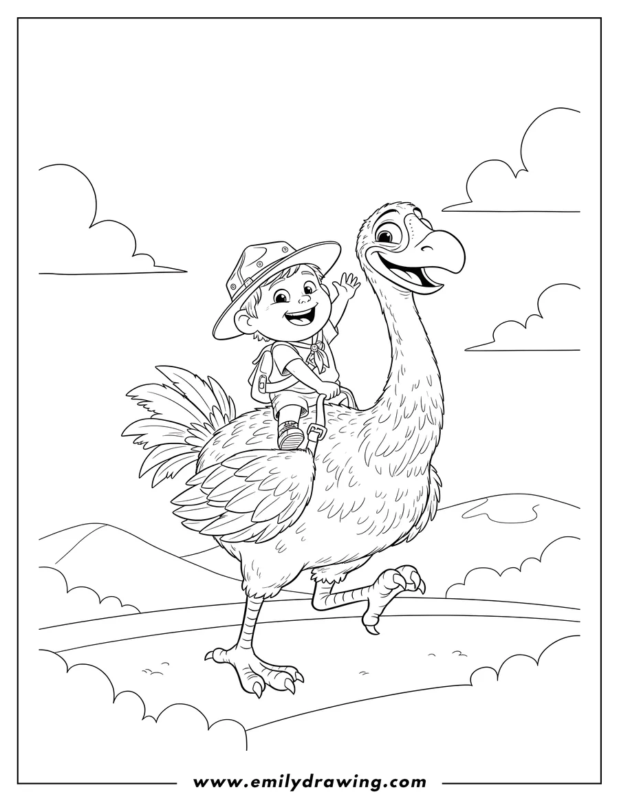 Line art of a boy wearing a scout hat and backpack, happily riding on the back of a large bird with clouds in the background.