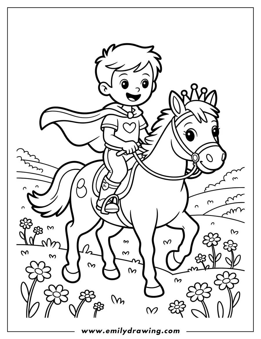 Outline of a happy young boy wearing a cape and heart emblem, riding a cartoon horse. The horse is decorated with a small crown and bridle. They are traveling through a grassy meadow filled with daisy flowers.