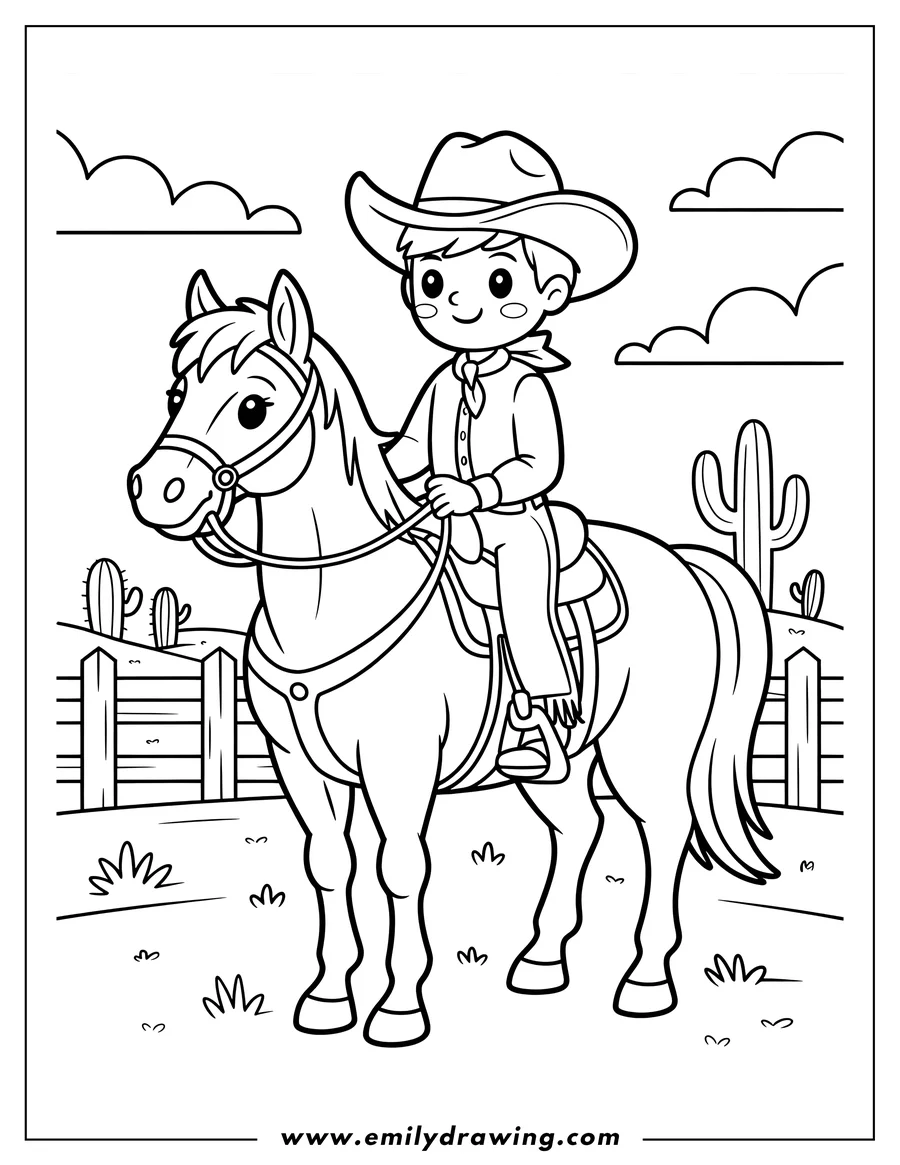 Line art of a young boy wearing a cowboy hat and scarf, riding a horse in a field with cactuses and a wooden fence in the background