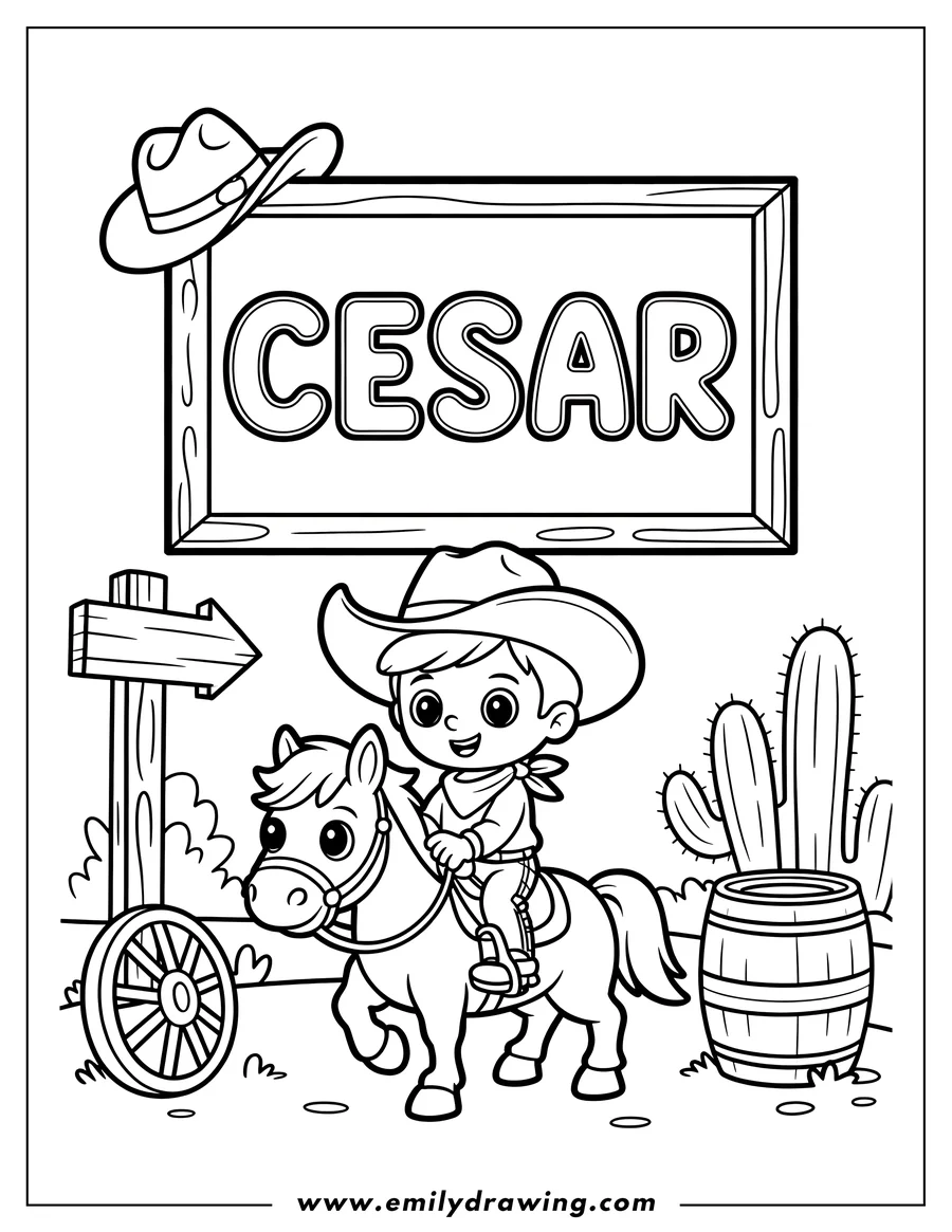 Line art of a cartoon boy in a cowboy hat riding a horse, with a sign above that reads 'CESAR'. A wooden signpost, wagon wheel, cactus, and barrel are also visible.