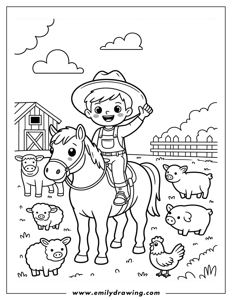 Outline of a smiling boy in a cowboy hat and overalls riding a horse on a farm, surrounded by a cow, two sheep, two pigs, and a chicken, with a barn and fence in the background.