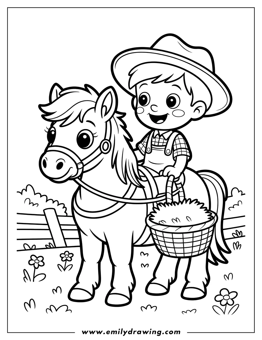 Line art of a cartoon boy wearing a straw hat and overalls, riding a small horse. The boy is holding a woven basket filled with hay. They are standing in a field next to a wooden fence.