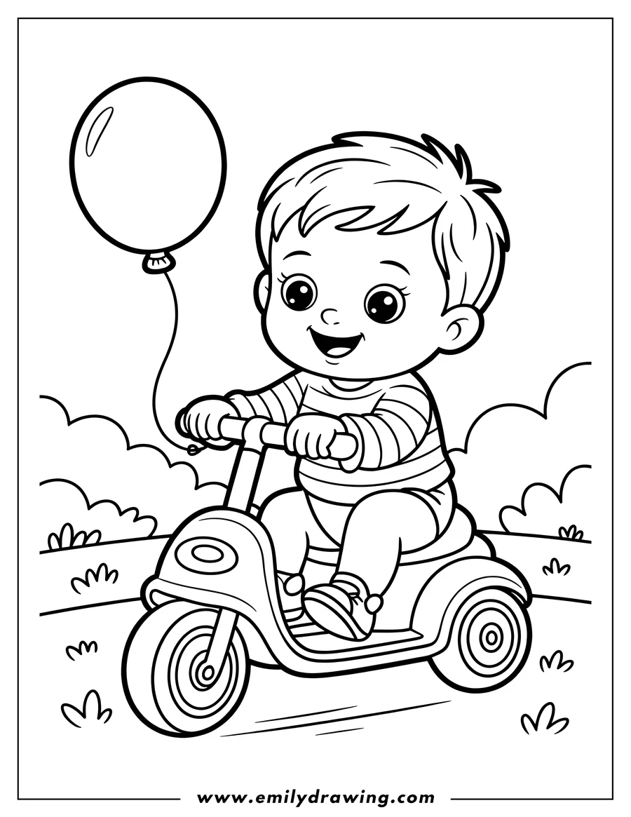 Line art of a young boy happily riding a scooter while holding a balloon. He's outdoors near some grass.