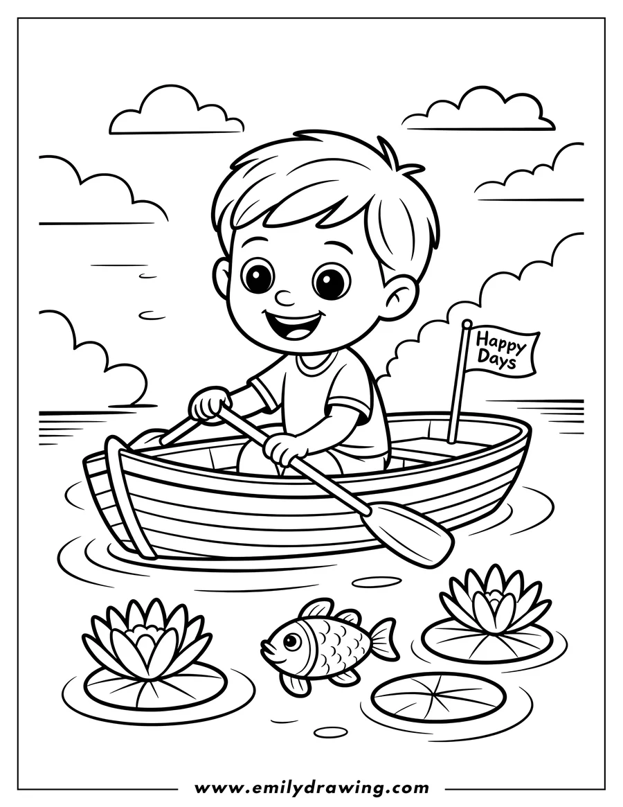 Line art of a boy rowing a small boat on a pond with lily pads and a fish.