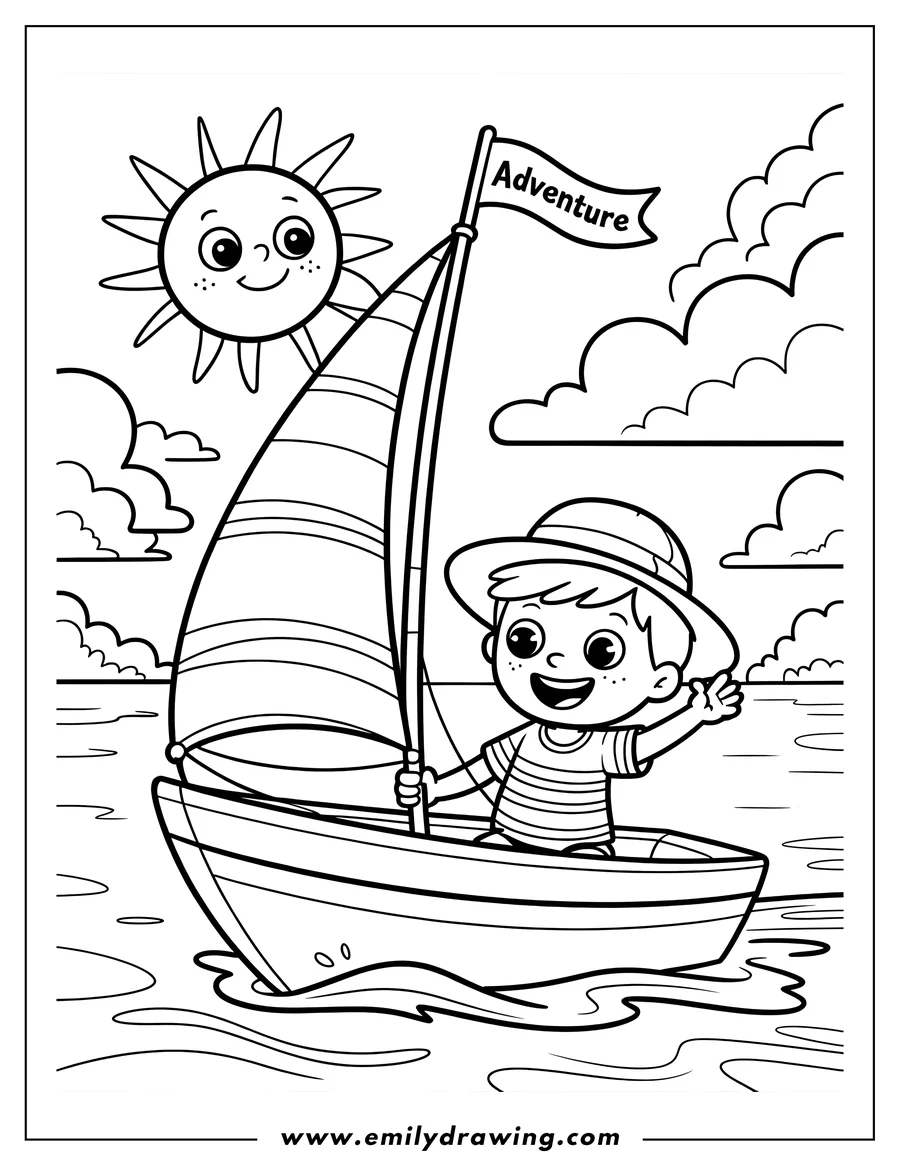 Line art of a boy sailing a small boat with an 'Adventure' flag, a smiling sun, and fluffy clouds in the background.