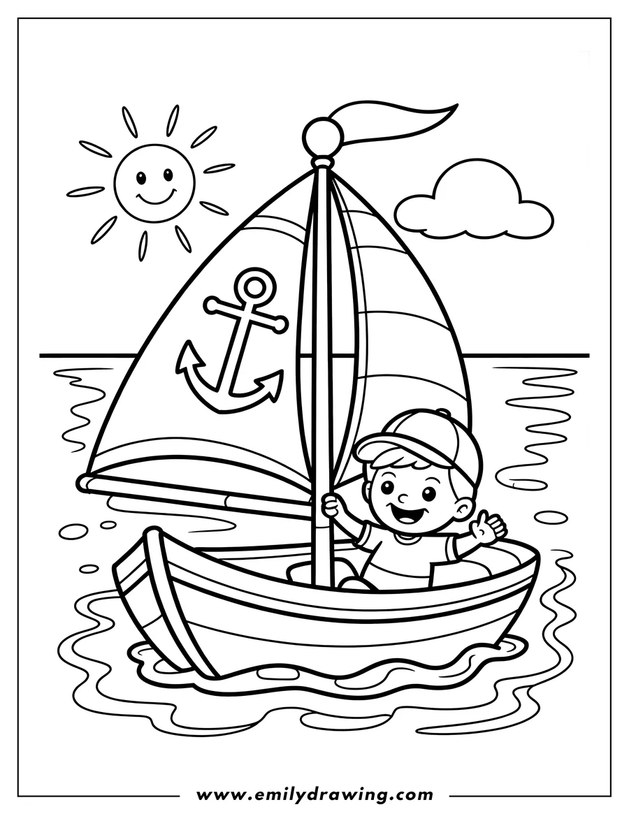 Outline of a smiling boy sailing a small boat on the water with a smiling sun and a cloud in the background.