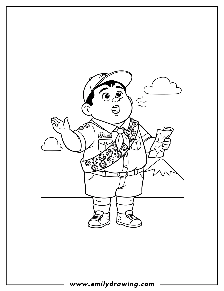 Line art of a boy scout in uniform, holding a rolled map, with a mountain and clouds in the background.