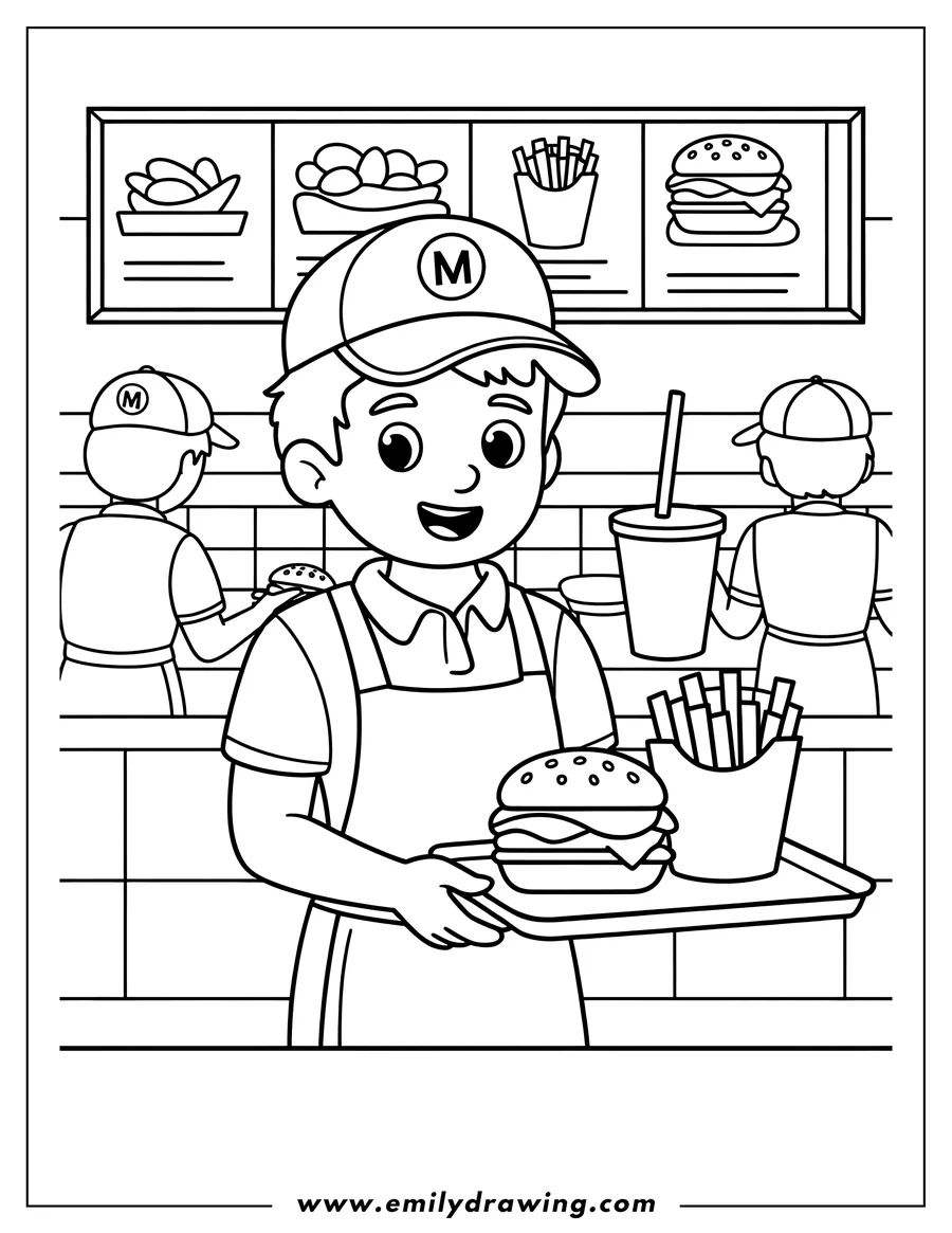 Outline of a smiling restaurant worker holding a tray of a burger and french fries, standing in front of a fast food counter and menu board.