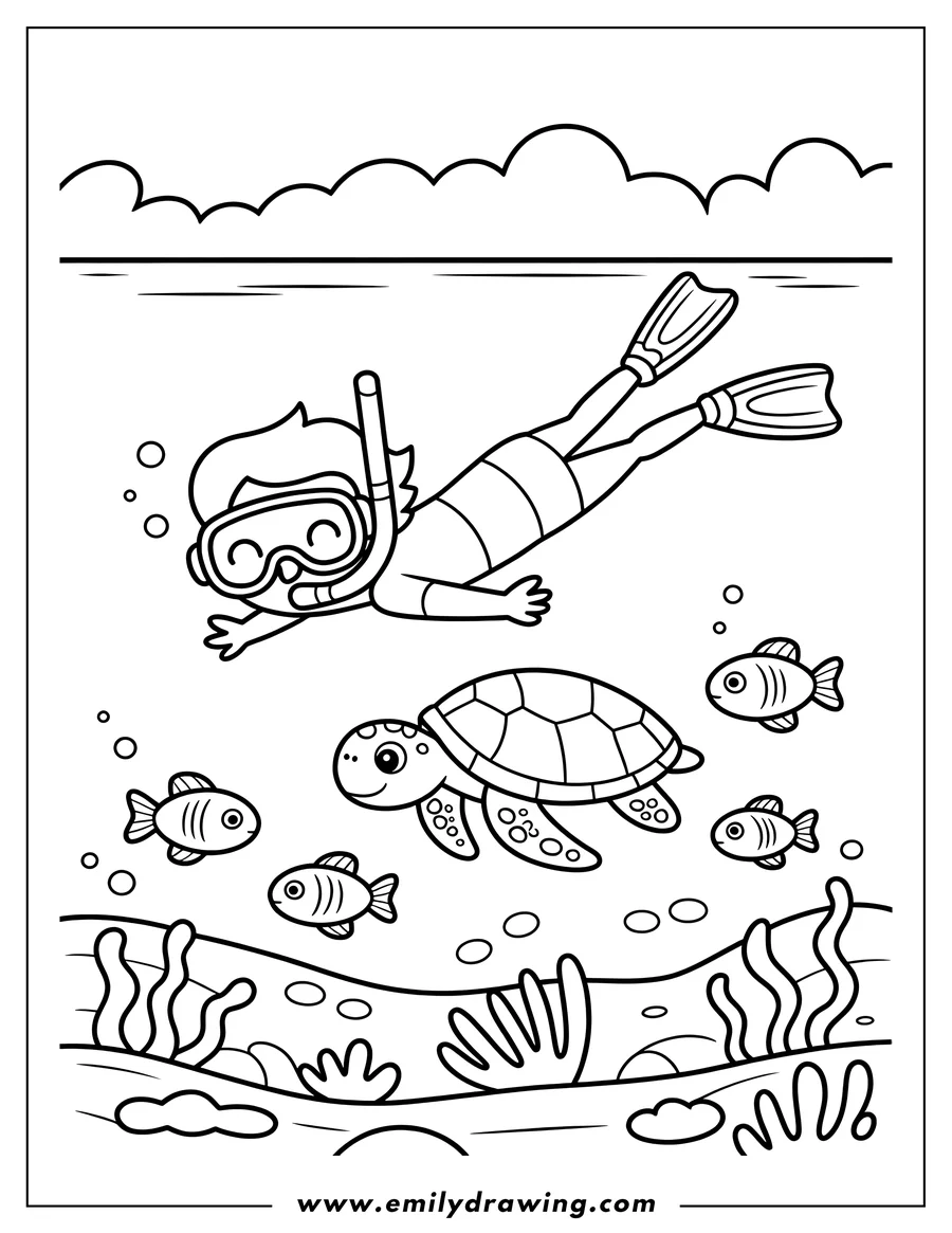 Line art of a boy wearing a snorkel mask and flippers, swimming underwater with a sea turtle and several small fish among seaweed.