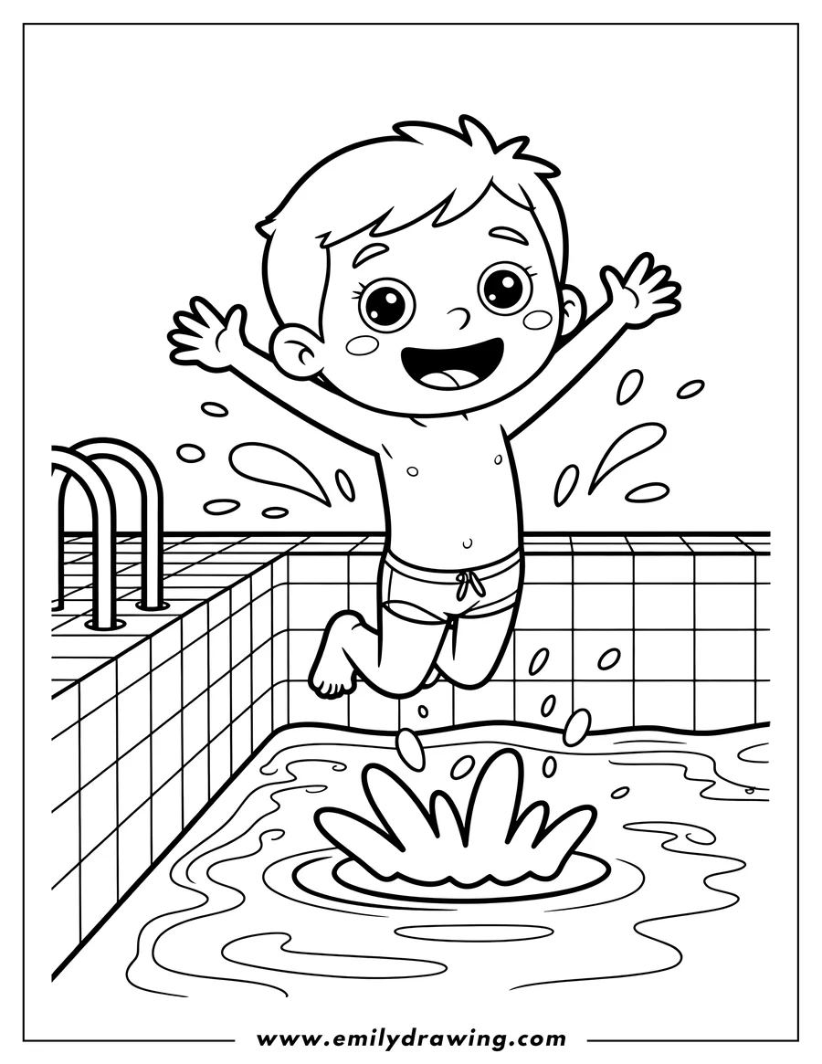 Line art of a young boy jumping into a swimming pool, creating a big splash. He wears swim trunks and has his arms up, with a wide, happy smile.