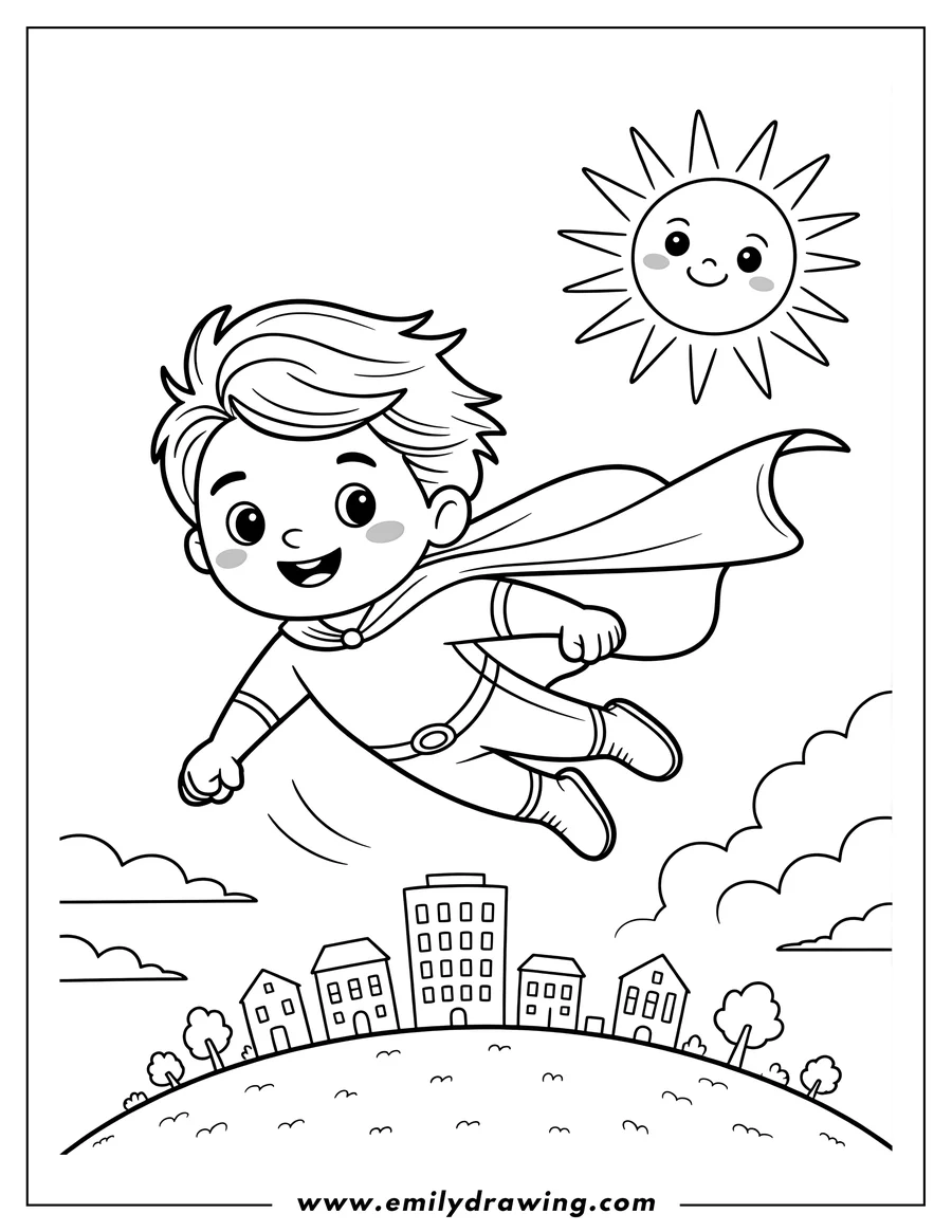 Outline of a young boy dressed as a superhero, wearing a cape and flying high above a cityscape with buildings and clouds, beneath a large smiling sun.