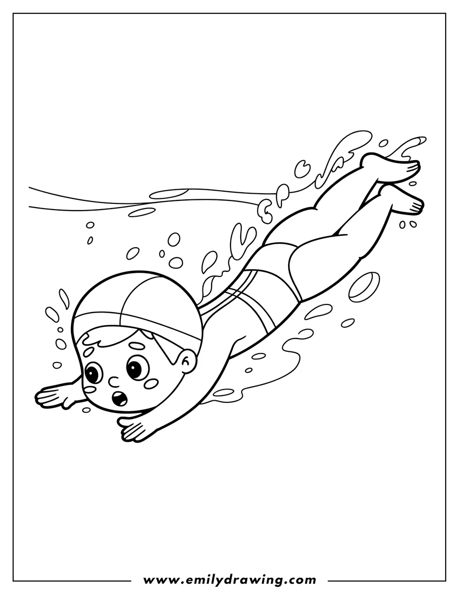 Line art of a young boy swimming underwater, wearing a swim cap and goggles, with bubbles around him.