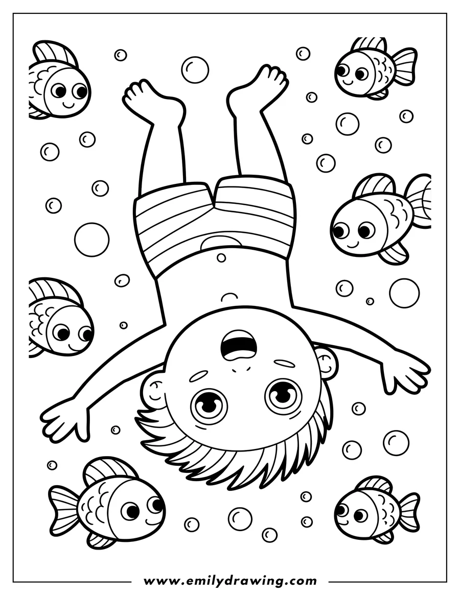 Line art of a boy swimming upside down in water with a surprised expression, surrounded by friendly fish and many bubbles.