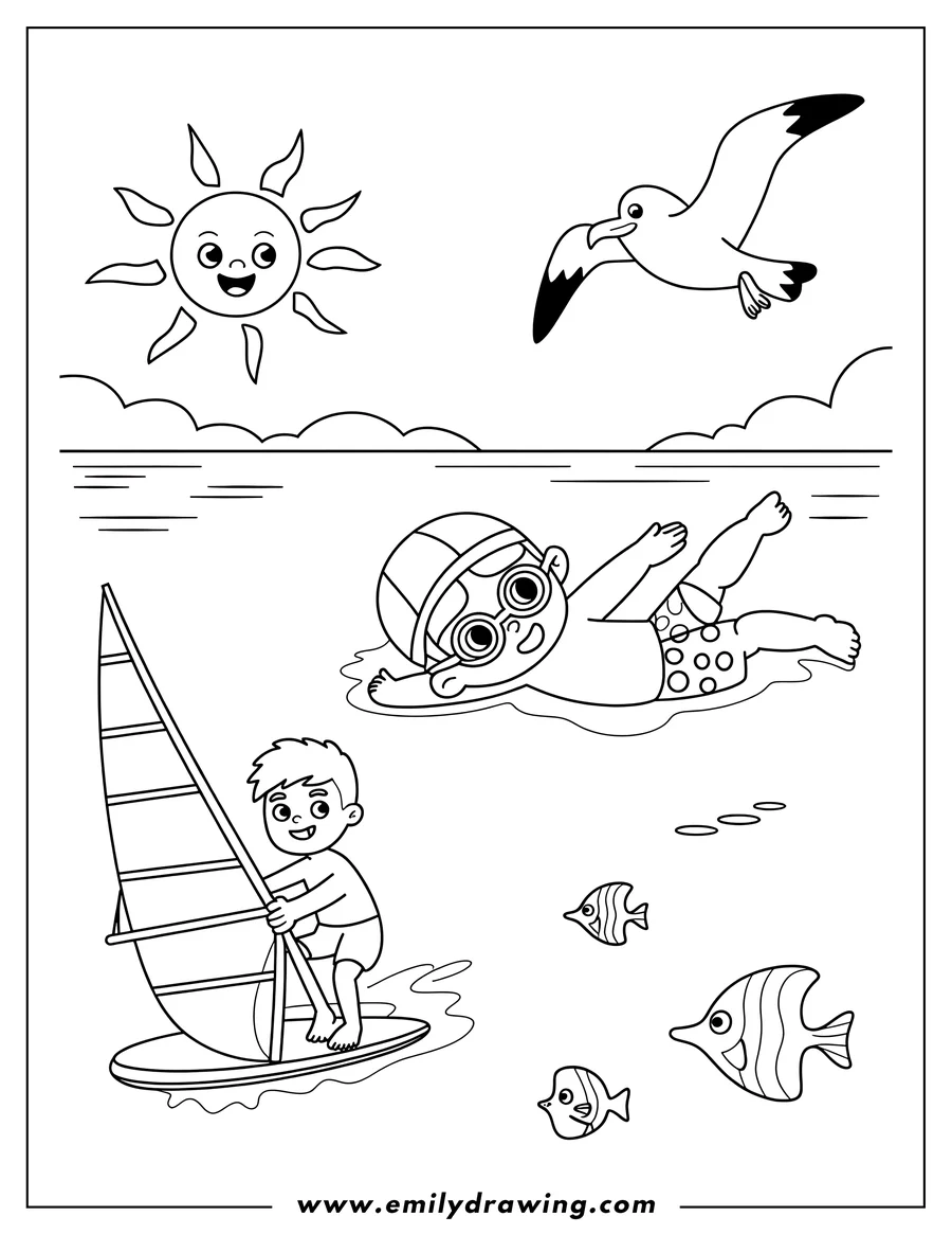 Outline of a boy swimming in goggles and a swim cap, another boy windsurfing on a board, with a smiling sun, flying seagull, and three fish in the water.