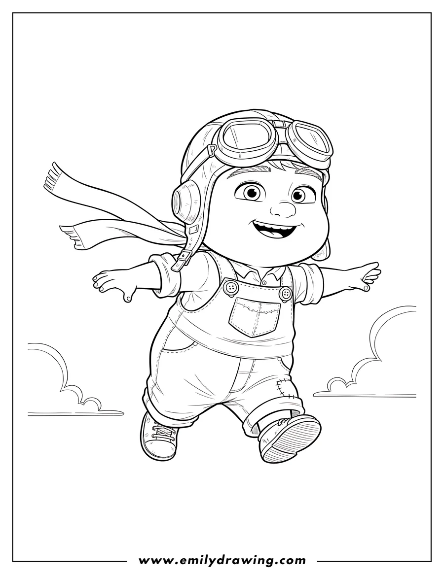 Line art of a young boy wearing an aviator hat and goggles with a scarf flowing behind him, his arms outstretched as if flying.